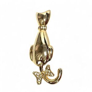 Vintage Gold Tone Cat Pin With Crystal Collar, Bow & Articulated Tail